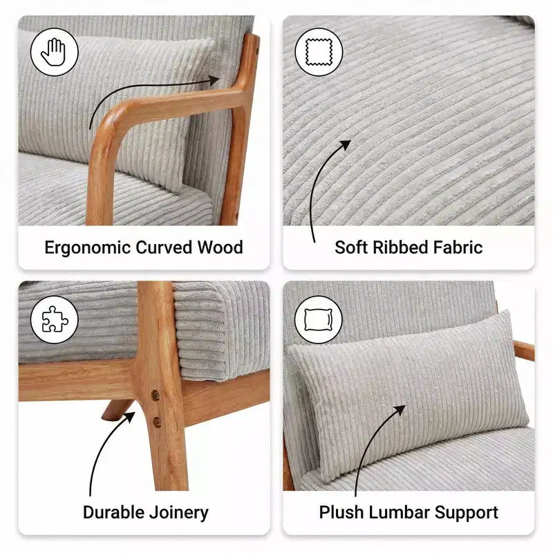 Sillón moderno tapizado con brazos de madera maciza, tela texturizada, para sala de estar