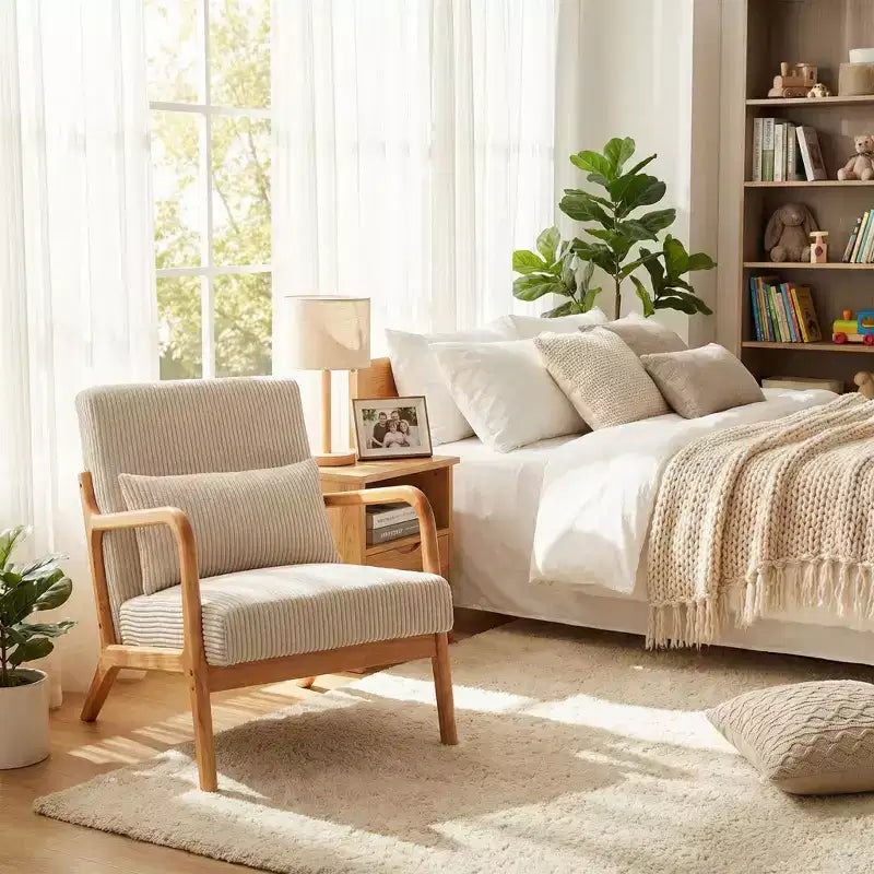 Sillón moderno tapizado con brazos de madera maciza, tela texturizada, para sala de estar