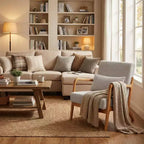 Sillón moderno tapizado con brazos de madera maciza, tela texturizada, para sala de estar