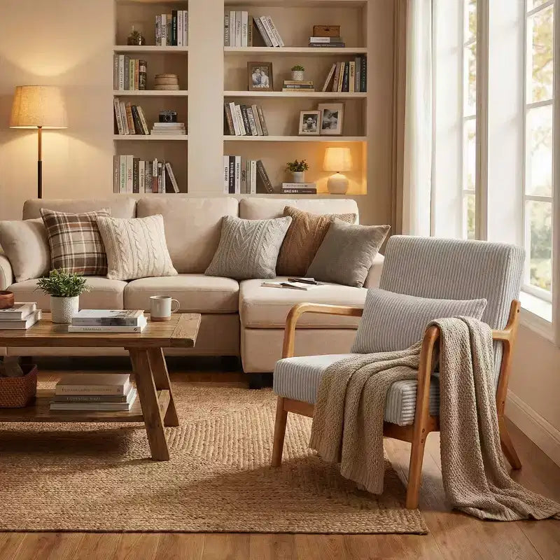 Sillón moderno tapizado con brazos de madera maciza, tela texturizada, para sala de estar