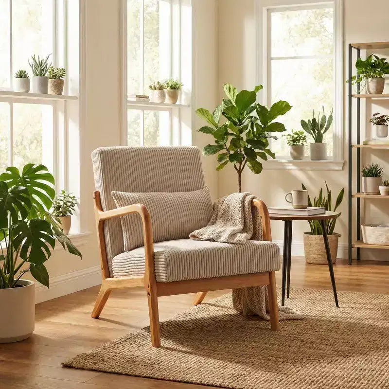 Sillón moderno tapizado con brazos de madera maciza, tela texturizada, para sala de estar