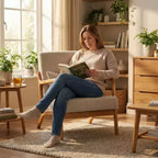 Sillón moderno tapizado con brazos de madera maciza, tela texturizada, para sala de estar