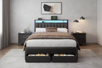 Queen Platform Bed Frame with Charging Station LED Lights 2 Storage Drawers Grey Upholstered Headboard Metal Support No Box Spring Needed