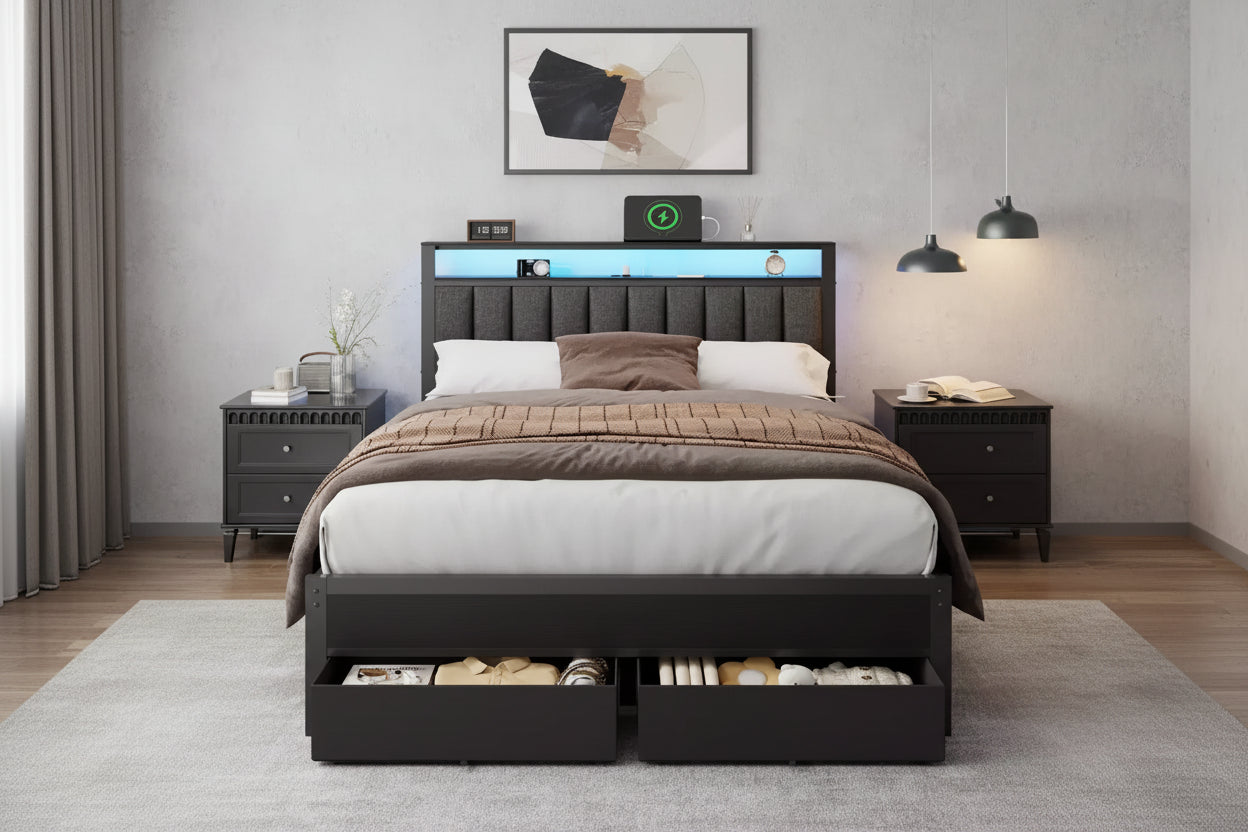 Queen Platform Bed Frame with Charging Station LED Lights 2 Storage Drawers Grey Upholstered Headboard Metal Support No Box Spring Needed