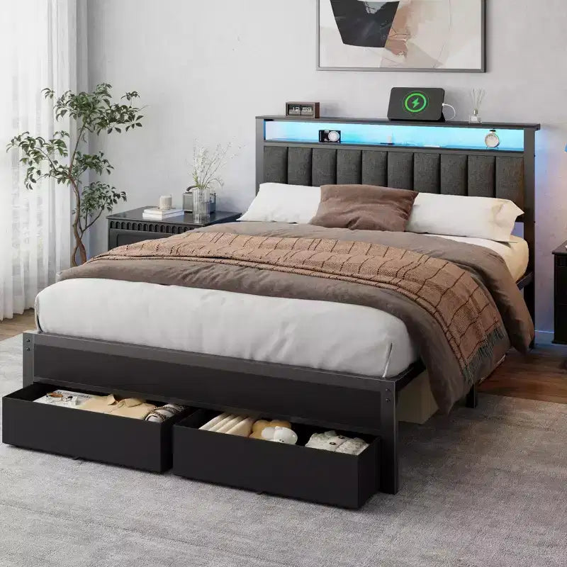Marco de cama Queen con estación de carga, luces LED, 2 cajones de almacenamiento, cabecero tapizado gris, soporte de metal, no requiere somier