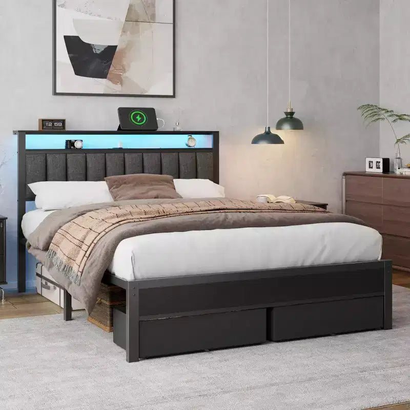 Marco de cama Queen con estación de carga, luces LED, 2 cajones de almacenamiento, cabecero tapizado gris, soporte de metal, no requiere somier