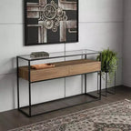 Mesa consola de cristal transparente de 48" y estructura de metal negro con 2 cajones y estante