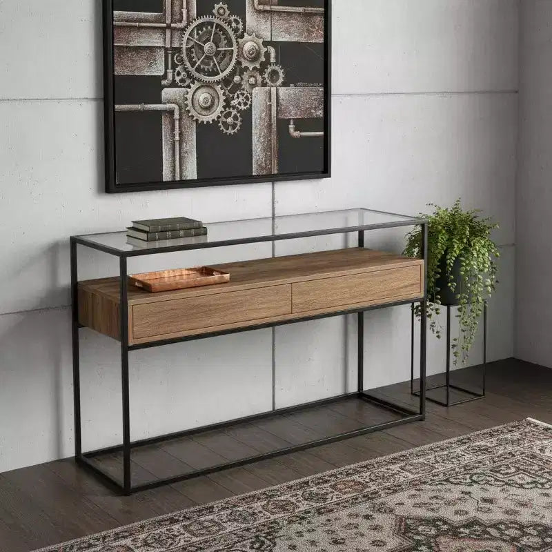 Mesa consola de cristal transparente de 48" y estructura de metal negro con 2 cajones y estante