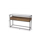Mesa consola de cristal transparente de 48" y estructura de metal negro con 2 cajones y estante