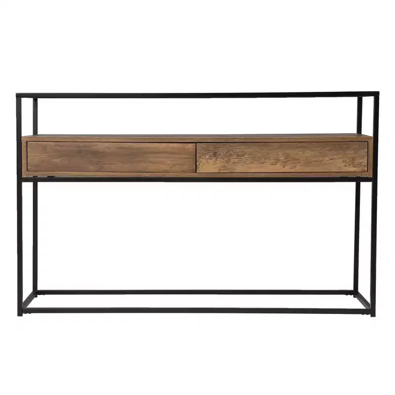 Mesa consola de cristal transparente de 48" y estructura de metal negro con 2 cajones y estante