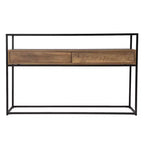 Mesa consola de cristal transparente de 48" y estructura de metal negro con 2 cajones y estante