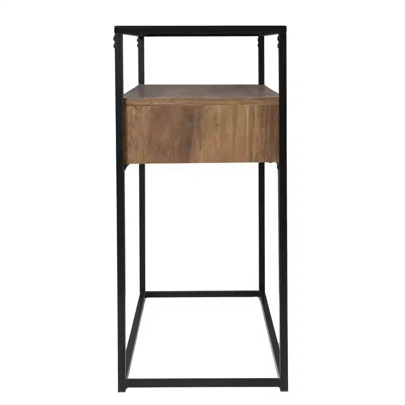 Mesa consola de cristal transparente de 48" y estructura de metal negro con 2 cajones y estante
