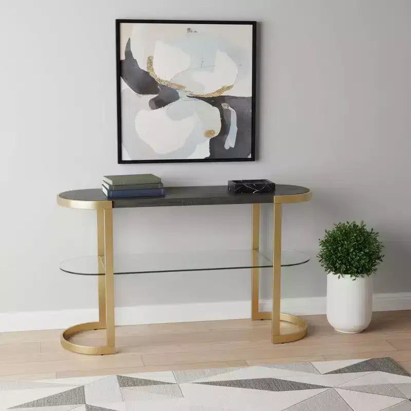 Consola de trineo ovalada de 49" gris y dorado de madera maciza con estante de almacenamiento