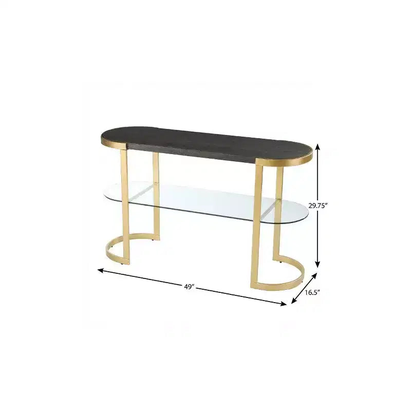 Consola de trineo ovalada de 49" gris y dorado de madera maciza con estante de almacenamiento