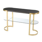 Consola de trineo ovalada de 49" gris y dorado de madera maciza con estante de almacenamiento