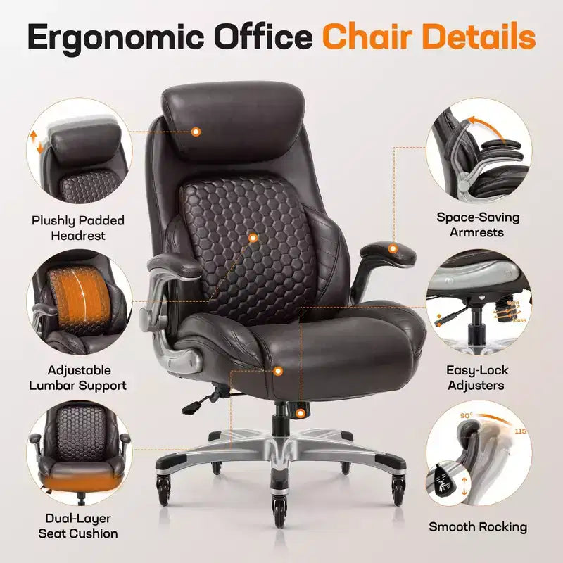 Silla de oficina ergonómica de cuero con respaldo alto, soporte lumbar de resorte y brazos abatibles