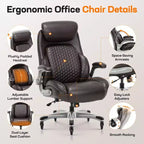 Silla de oficina ergonómica de cuero con respaldo alto, soporte lumbar de resorte y brazos abatibles