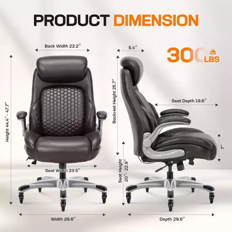 Silla de oficina ergonómica de cuero con respaldo alto, soporte lumbar de resorte y brazos abatibles