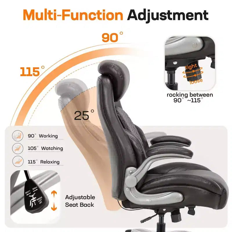 Silla de oficina ergonómica de cuero con respaldo alto, soporte lumbar de resorte y brazos abatibles