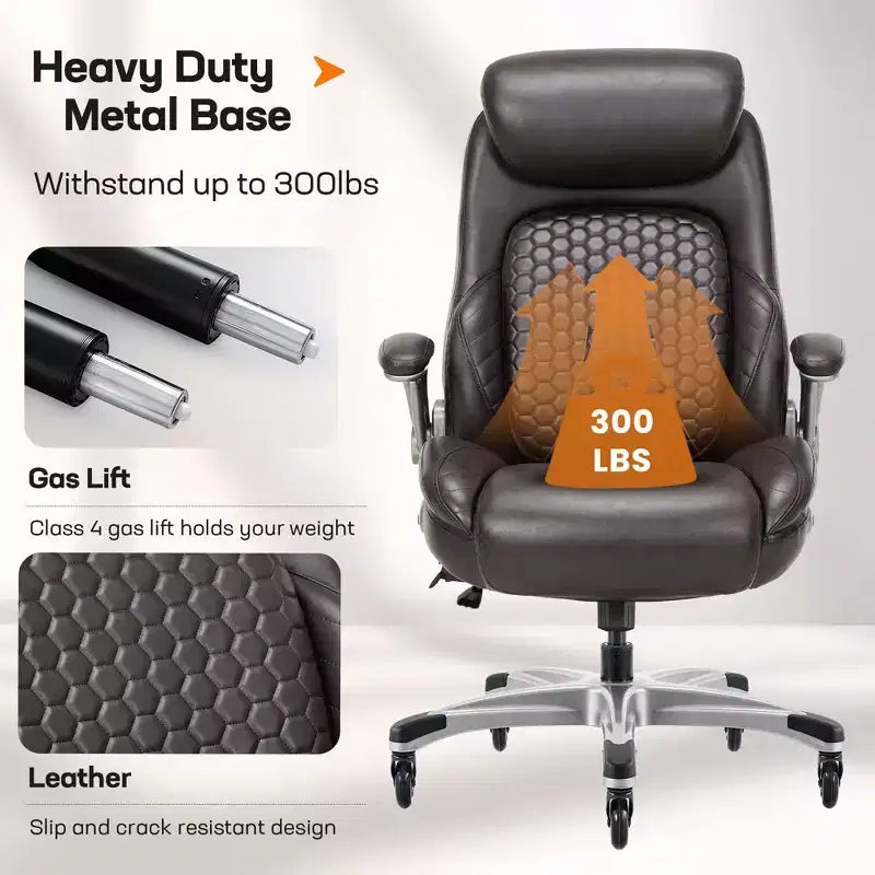 Silla de oficina ergonómica de cuero con respaldo alto, soporte lumbar de resorte y brazos abatibles