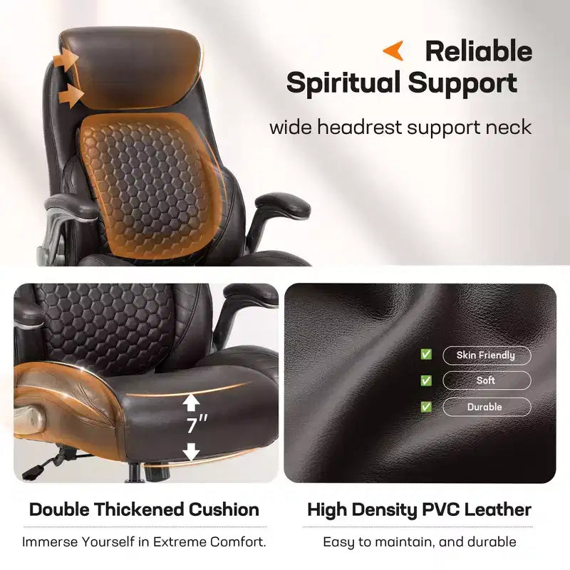 Silla de oficina ergonómica de cuero con respaldo alto, soporte lumbar de resorte y brazos abatibles