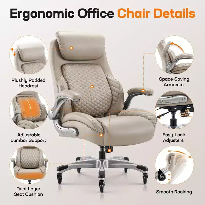Silla de oficina ergonómica de cuero con respaldo alto, soporte lumbar de resorte y brazos abatibles
