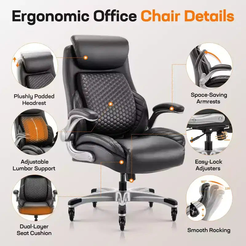 Silla de oficina ergonómica de cuero con respaldo alto, soporte lumbar de resorte y brazos abatibles