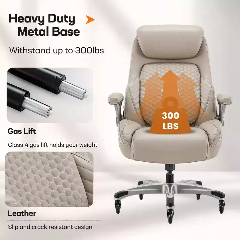 Silla de oficina ergonómica de cuero con respaldo alto, soporte lumbar de resorte y brazos abatibles