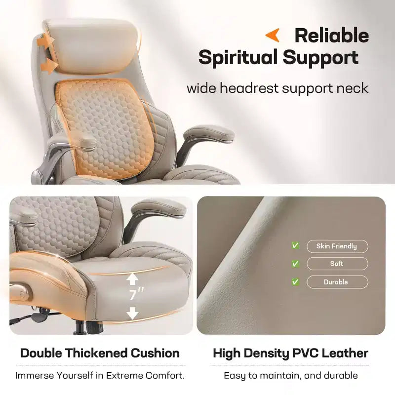Silla de oficina ergonómica de cuero con respaldo alto, soporte lumbar de resorte y brazos abatibles