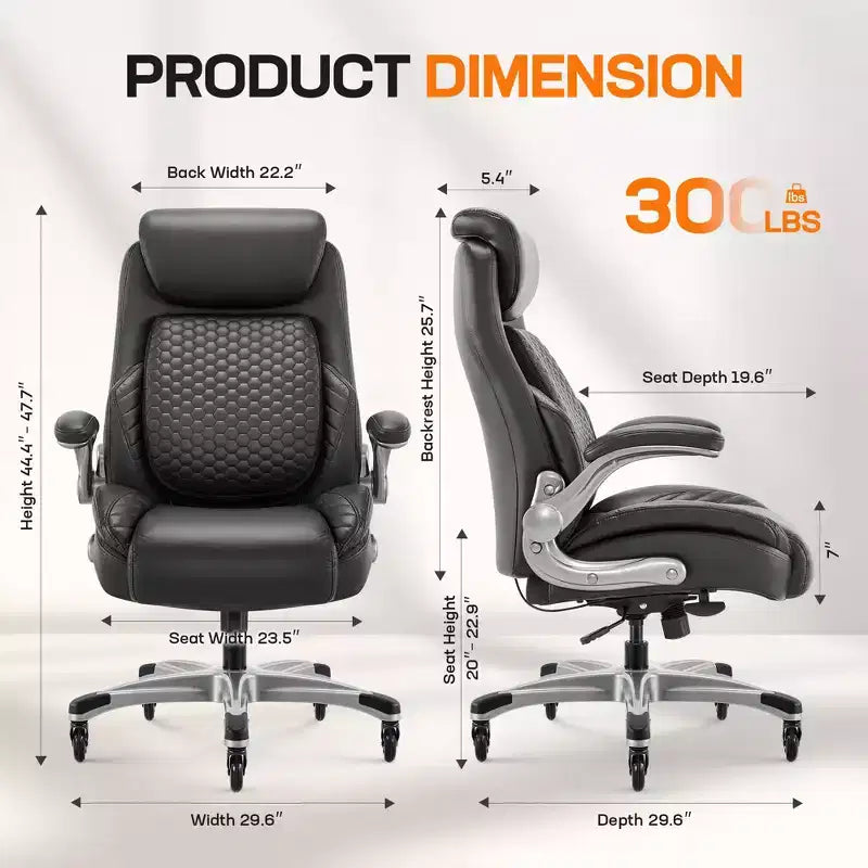 Silla de oficina ergonómica de cuero con respaldo alto, soporte lumbar de resorte y brazos abatibles