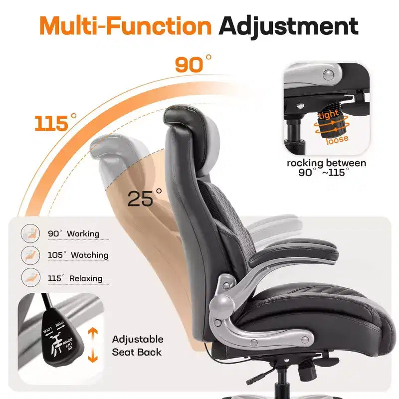Silla de oficina ergonómica de cuero con respaldo alto, soporte lumbar de resorte y brazos abatibles