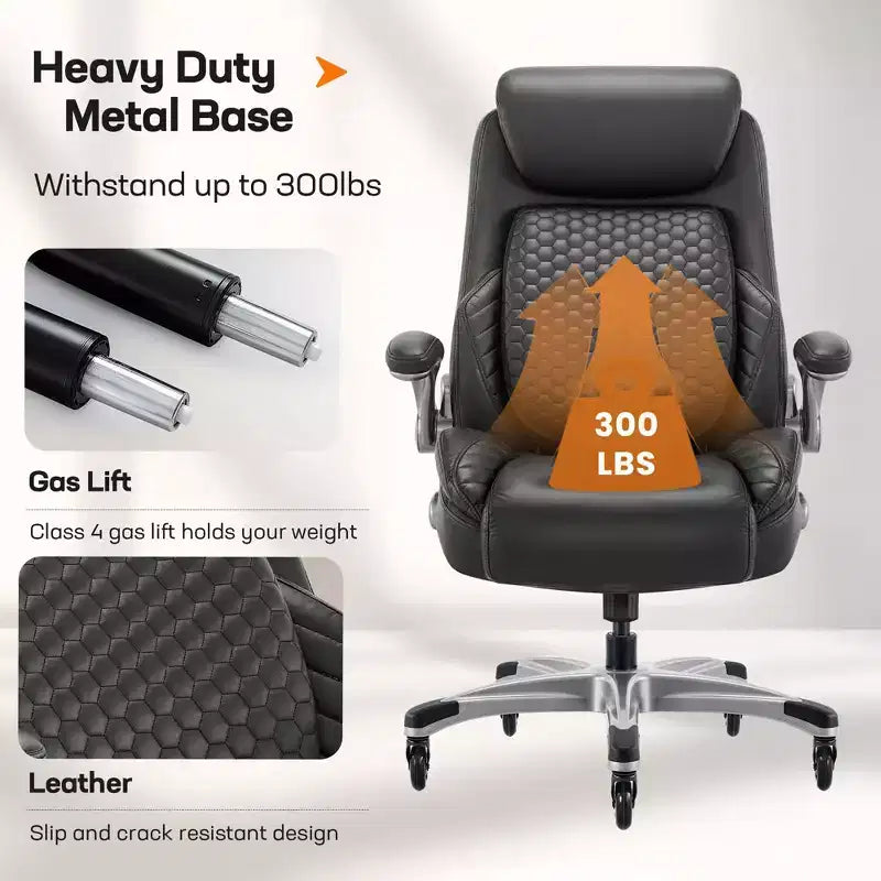 Silla de oficina ergonómica de cuero con respaldo alto, soporte lumbar de resorte y brazos abatibles
