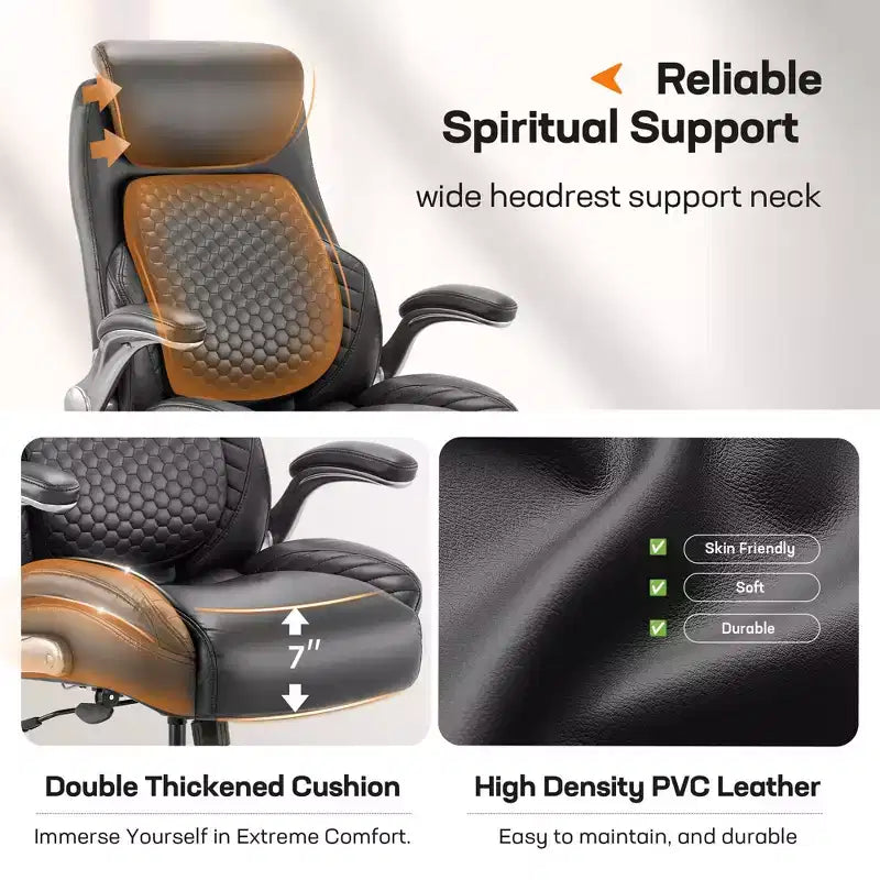 Silla de oficina ergonómica de cuero con respaldo alto, soporte lumbar de resorte y brazos abatibles