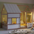 Estructura de Cama Baja con Forma de Casa, Techo, Valla y Estantería, Tamaño Individual