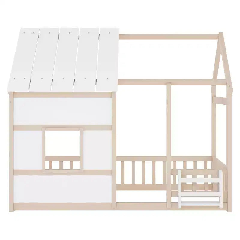 Estructura de Cama Baja con Forma de Casa, Techo, Valla y Estantería, Tamaño Individual