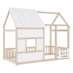 Estructura de Cama Baja con Forma de Casa, Techo, Valla y Estantería, Tamaño Individual