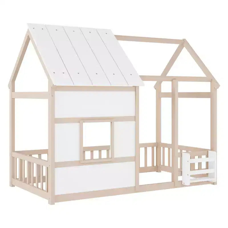 Estructura de Cama Baja con Forma de Casa, Techo, Valla y Estantería, Tamaño Individual