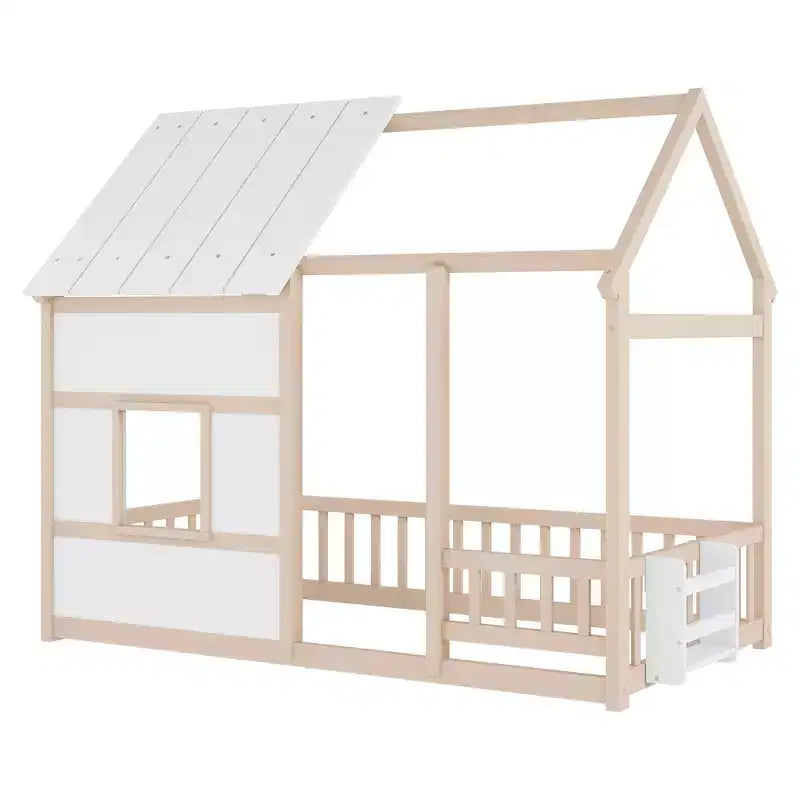 Estructura de Cama Baja con Forma de Casa, Techo, Valla y Estantería, Tamaño Individual