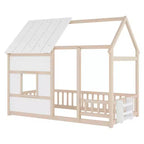 Estructura de Cama Baja con Forma de Casa, Techo, Valla y Estantería, Tamaño Individual