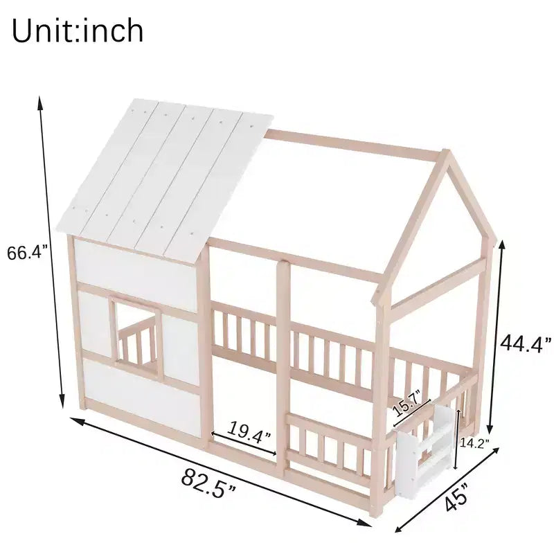 Estructura de Cama Baja con Forma de Casa, Techo, Valla y Estantería, Tamaño Individual