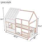 Estructura de Cama Baja con Forma de Casa, Techo, Valla y Estantería, Tamaño Individual