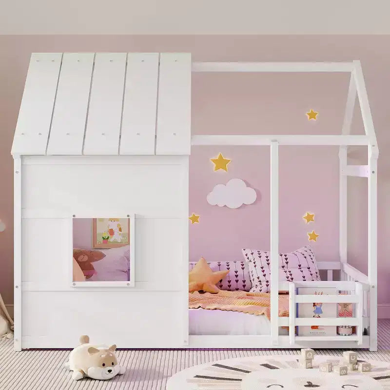 Estructura de Cama Baja con Forma de Casa, Techo, Valla y Estantería, Tamaño Individual