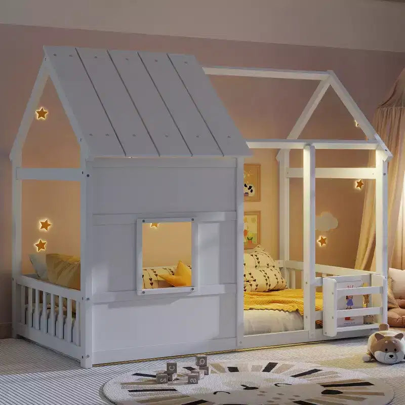 Estructura de Cama Baja con Forma de Casa, Techo, Valla y Estantería, Tamaño Individual
