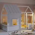 Estructura de Cama Baja con Forma de Casa, Techo, Valla y Estantería, Tamaño Individual