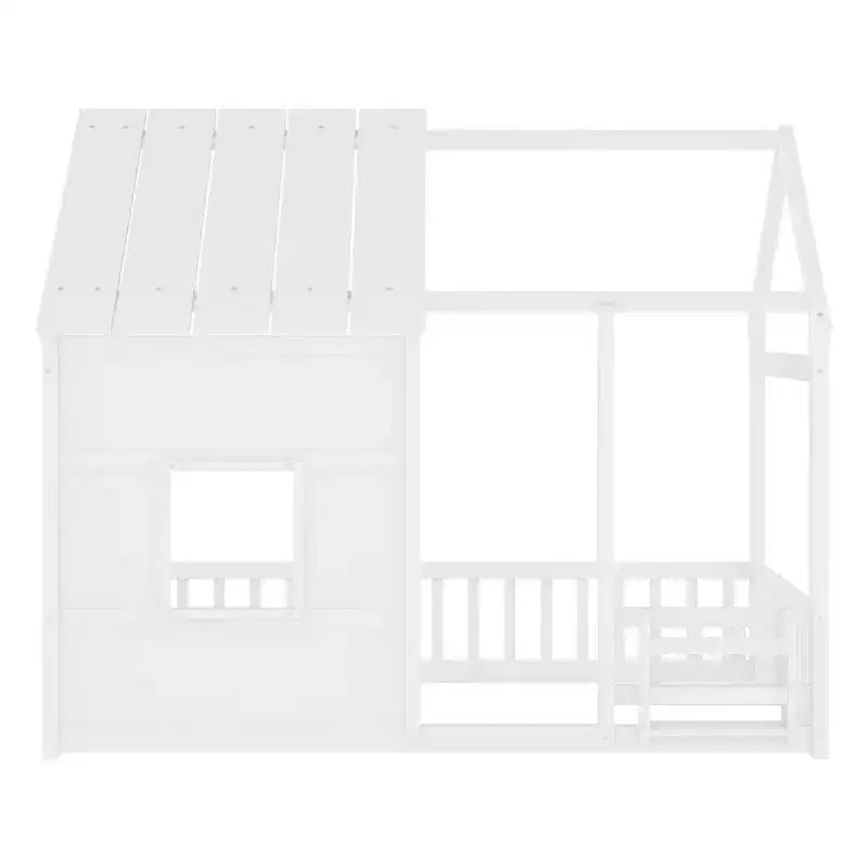 Estructura de Cama Baja con Forma de Casa, Techo, Valla y Estantería, Tamaño Individual