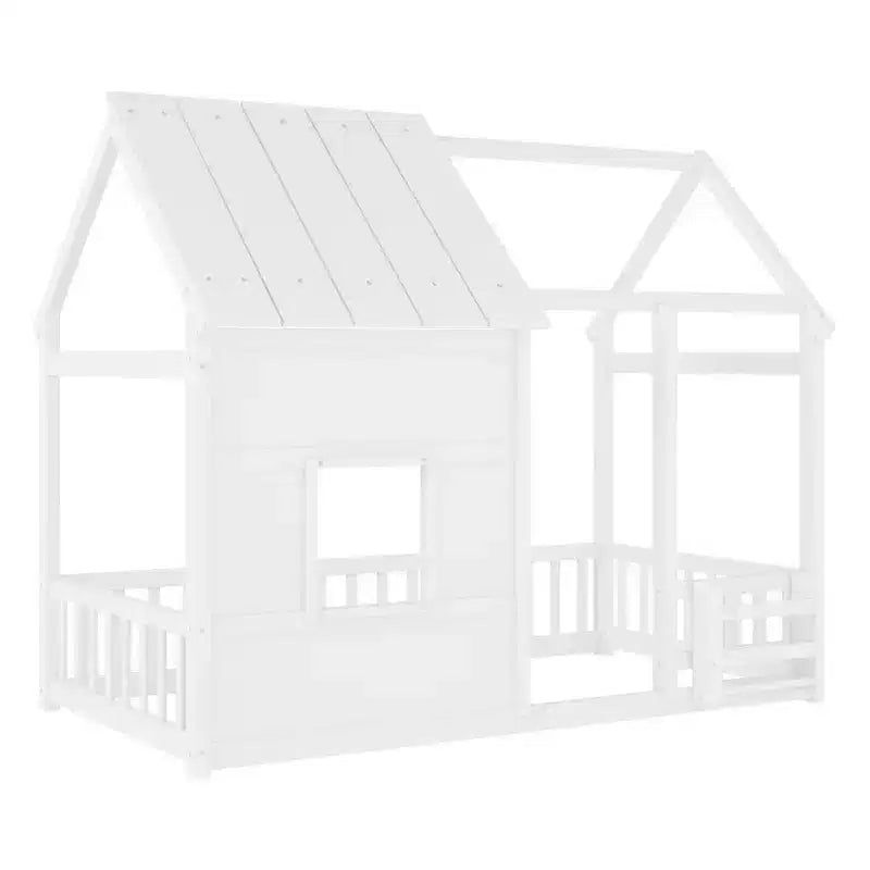 Estructura de Cama Baja con Forma de Casa, Techo, Valla y Estantería, Tamaño Individual