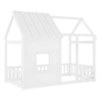 Estructura de Cama Baja con Forma de Casa, Techo, Valla y Estantería, Tamaño Individual