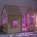 Estructura de Cama Baja con Forma de Casa, Techo, Valla y Estantería, Tamaño Individual