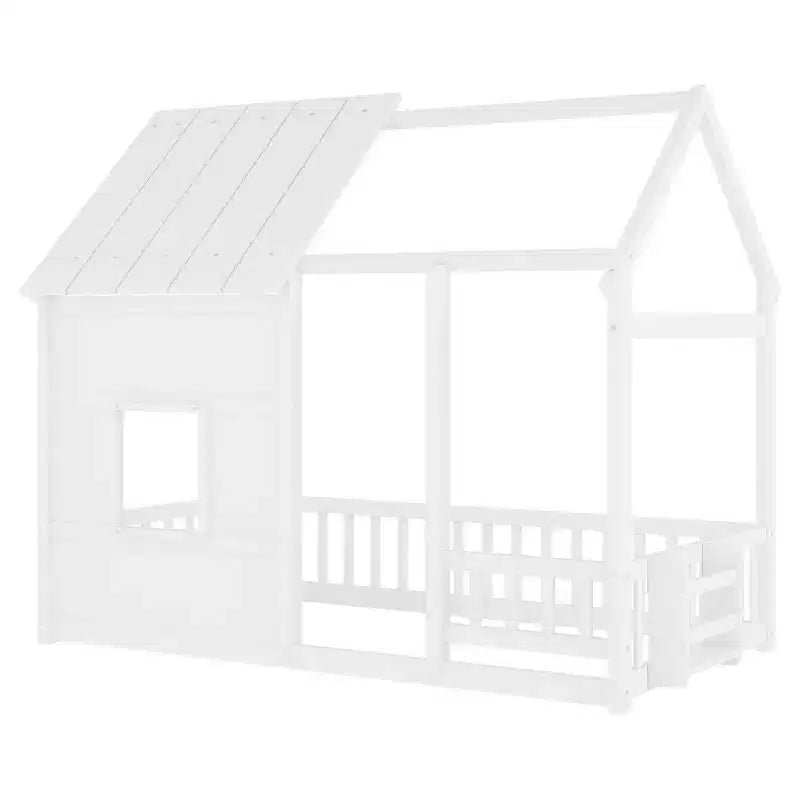 Estructura de Cama Baja con Forma de Casa, Techo, Valla y Estantería, Tamaño Individual