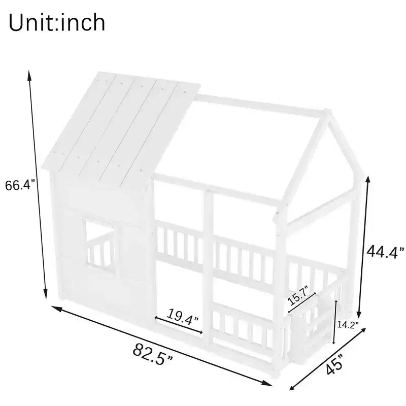 Estructura de Cama Baja con Forma de Casa, Techo, Valla y Estantería, Tamaño Individual
